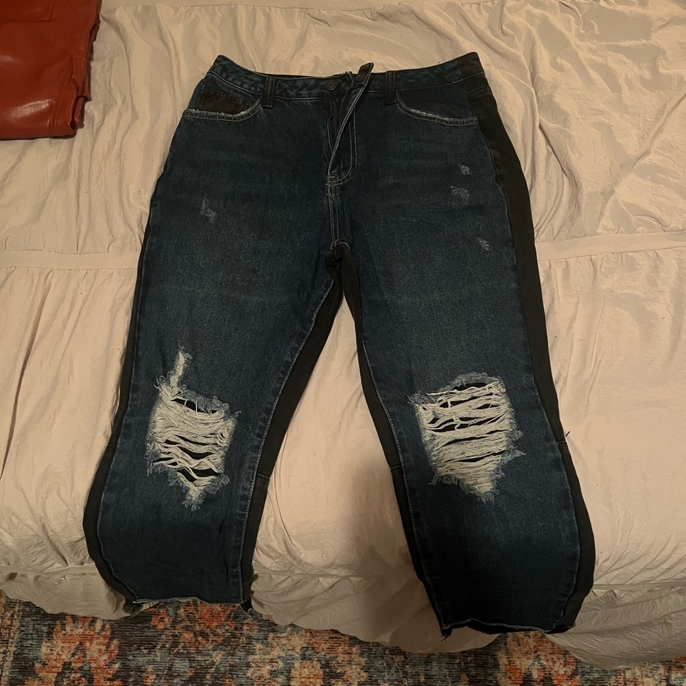 Distressed Blue Front, Black Back Jeans